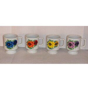 Vintage Retro Ceramic White Coffee Mug Poppy Flower Poppies (Set of 4) **RARE**